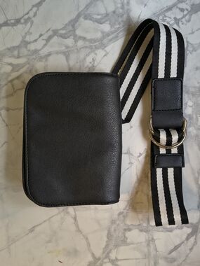 Garage Black Leather Belt Bag with Black-and-White Striped Strap